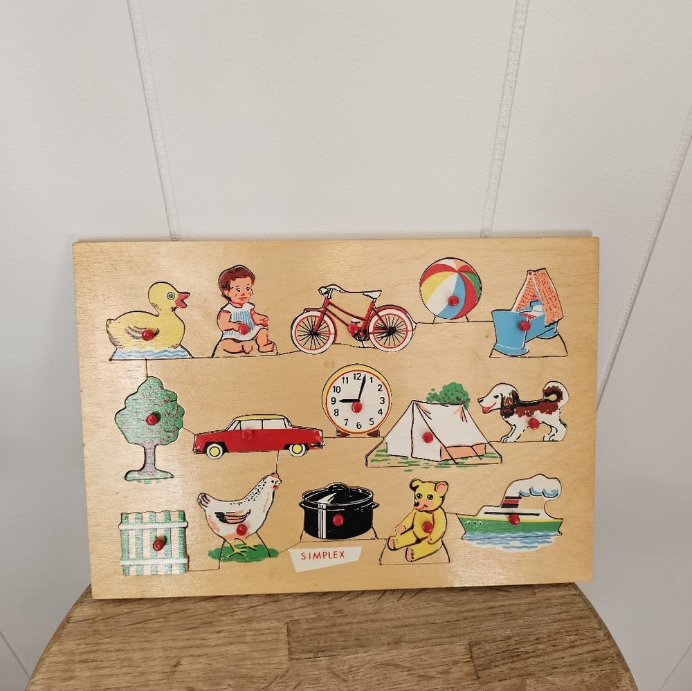 Vintage Mid Century Simplex Wooden Puzzle with Colorful Illustrations